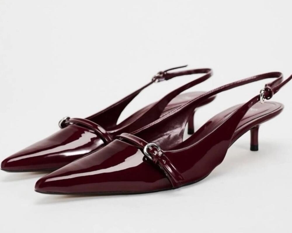 ZARA Pointed Toe Slingback Patent Faux Leather Kitten Heels Burgundy 40 / 9.5